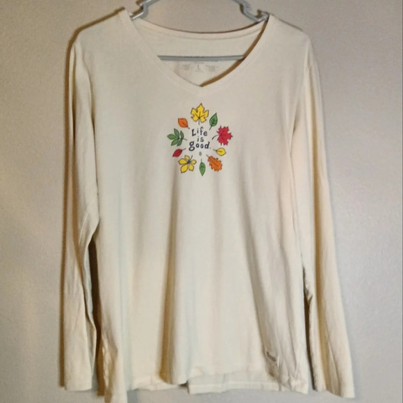 Life is Good Long Sleeve Crusher Vee Fall Leaves Tee Shirt Cotton Size L - Picture 1 of 7